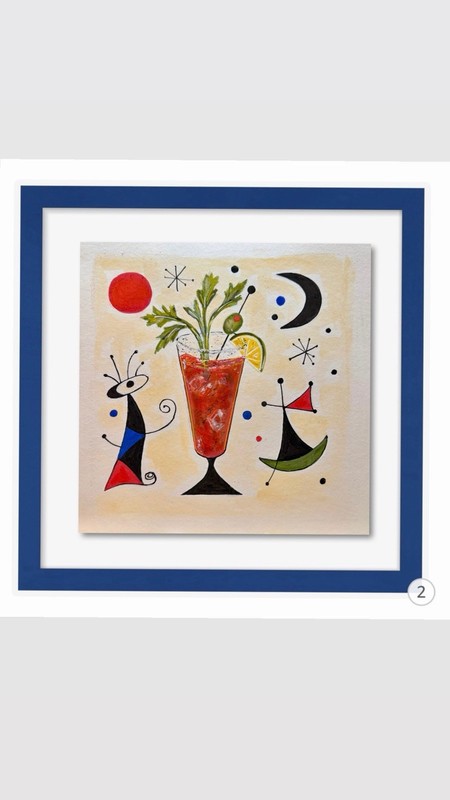 Modern Cocktail Art Bloody Mary Original Framed Mixed Media Miró Inspired, Gift
