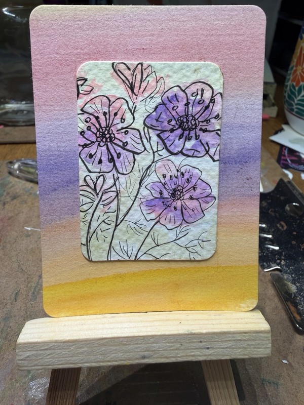 ACEO Signed, Flowers- 2 Watercolors Combined Artist; one anxious Lady