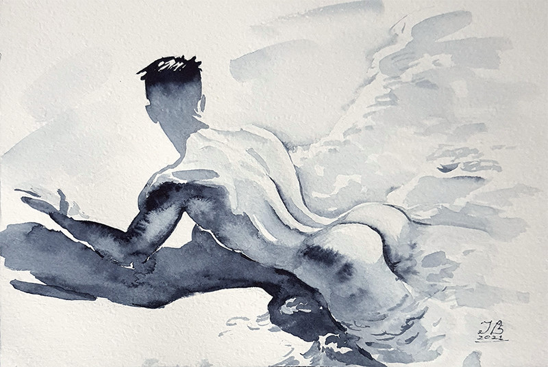 Art Gay Erotic Watercolor «By the Sea» 11-9in. I.Bubentcov