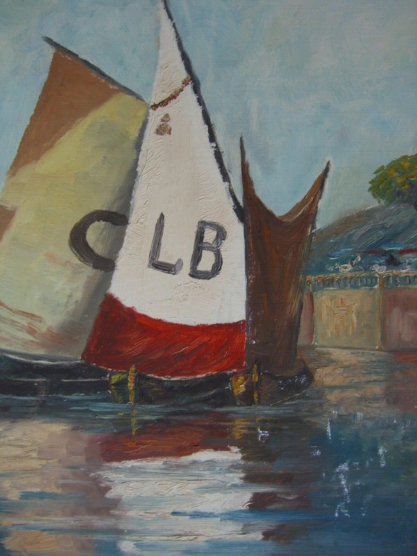 A. Wenz Sailboat Lake Water Shore Pier Reflection Summer Warm Red White Antique gallery