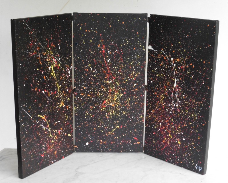 JILL PARSONS Signed Starry Night Triptych Drip Painting. Abstract Expressionist