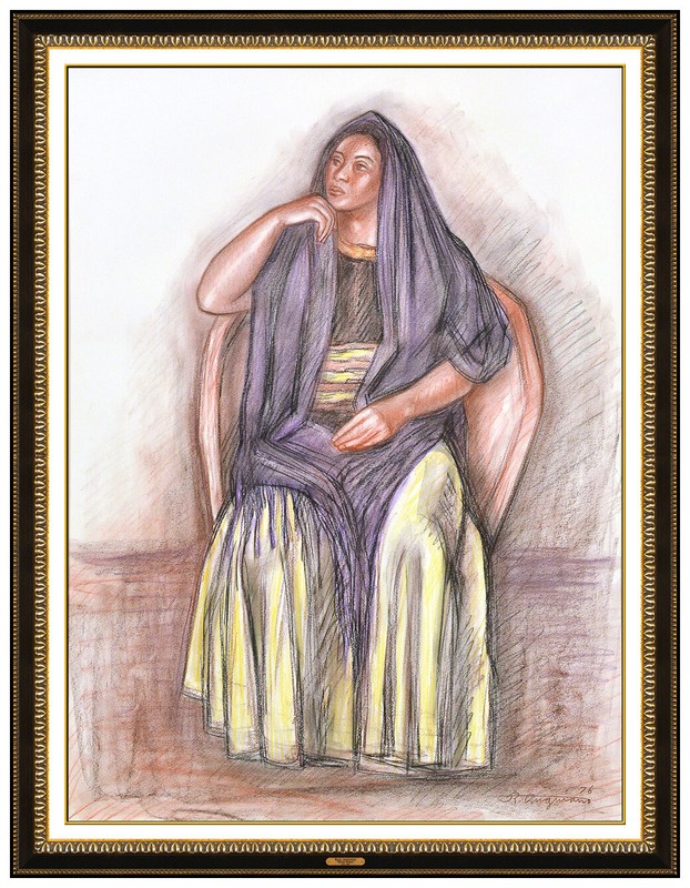 Raul Anguiano Original Pastel Painting Signed Female Portrait Framed Artwork SBO