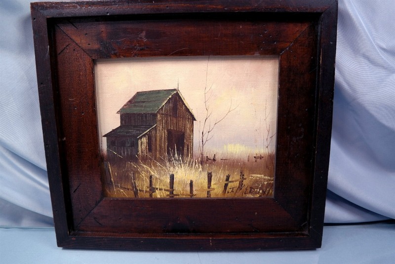 J Medina signed Oil on Canvas Barn Scene Brown Wood Frame 14.5×12.5 Vtg