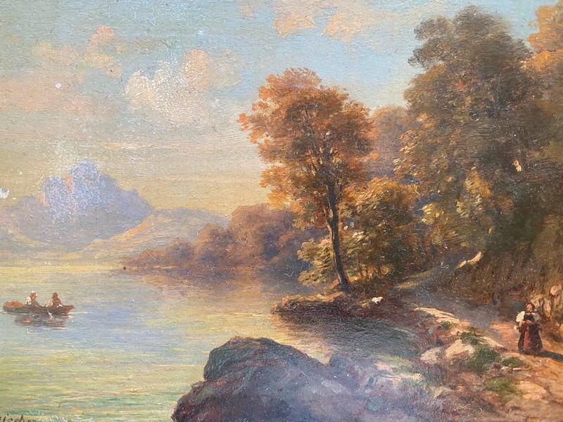 Oil Painting Sign.h.fischer Romantic Alpenlandschaft With Lake & Rowing Boat gallery