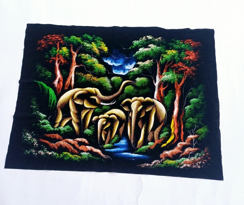 Vintage Sri Lankan Hand Painted Velvet Art - Vibrant Elephant Family 87cm x 68cm gallery
