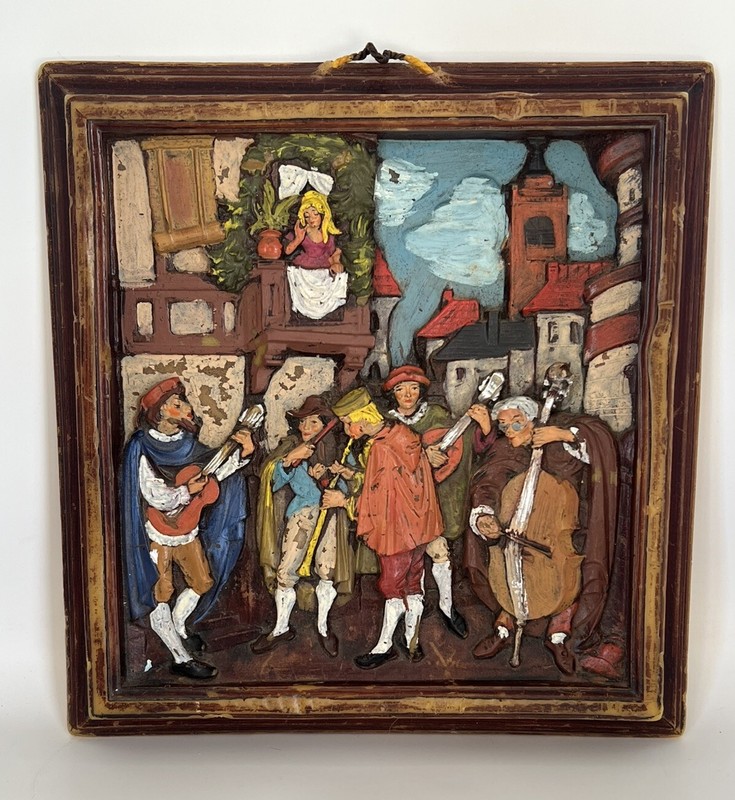 Rare Hand Painted Wax Wall Art with Wax Frame Vintage European Street Scene 11”