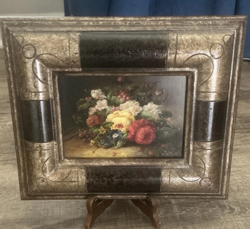 Vintage oil painting Still Life Flowers Signed Porcelain Frame With Authenticity