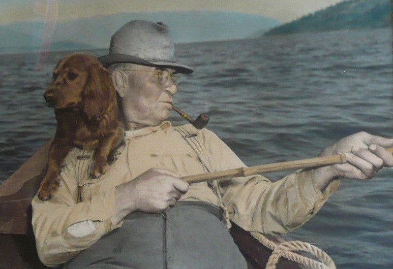 ROSS HALL, IDAHO, RARE SIGNED PHOTOGRAPH HAND COLORED TINTED DOG and FISHERMAN