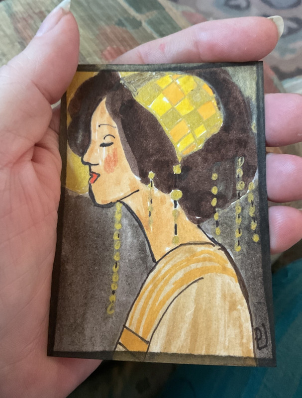 ACEO watercolor art by PJ, art card 2.5 x 3.5: lady in gold tones. gallery