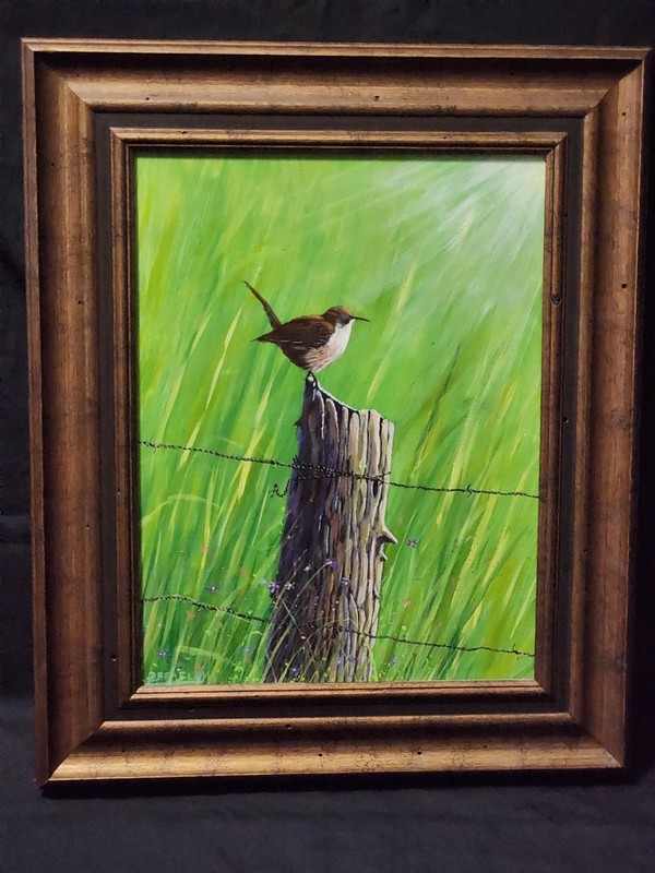 Signed Original Framed Acrylic Painting Cactus Wren On Rustic Fence Post Bird