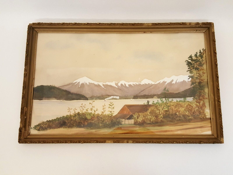 Vintage 1939 watercolor painting landscape mountains lake cabin snow signed