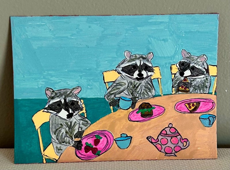 ACEO Original Acrylic Pen Art by Annelisek.art, Raccoons at a Cafe, 2.5 X 3.5in