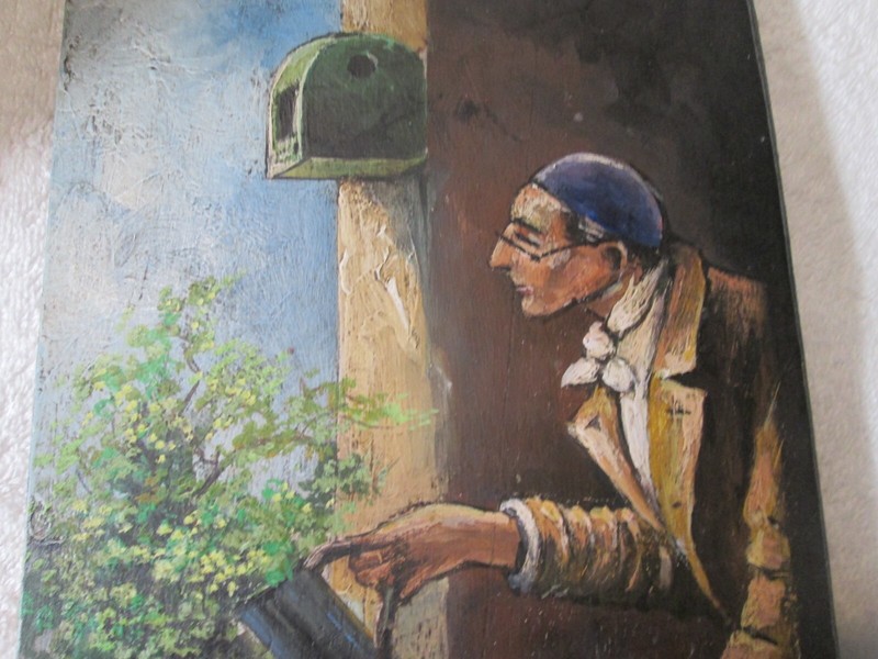 Vintage Original Painting On Wood Board Jewish Man Watering Plants gallery
