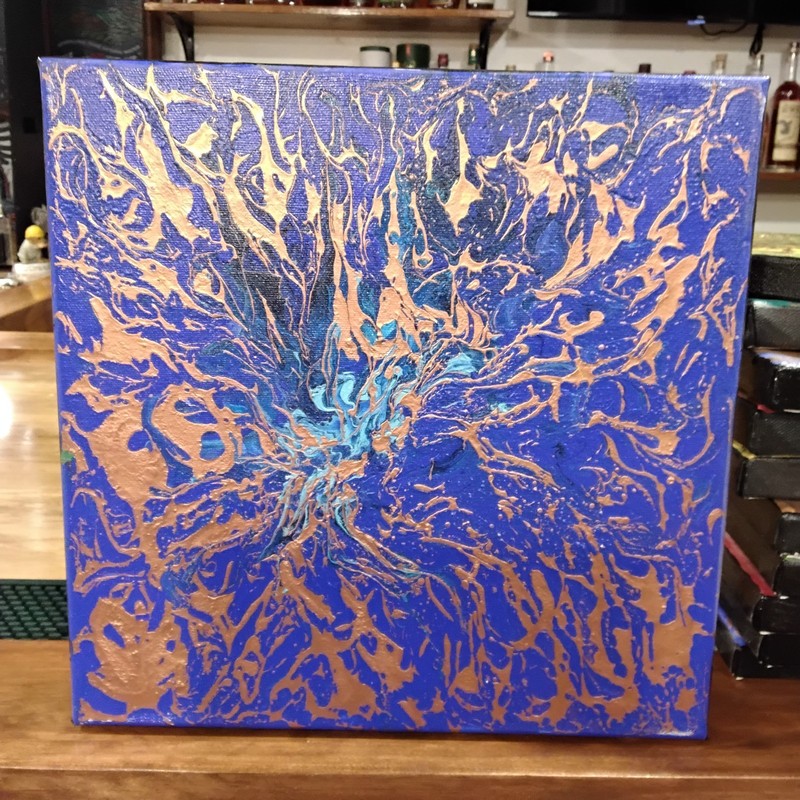 Acrylic Pour Painting Abstract Blue And Gold Dreams On Canvas 12×12 Mary Capan