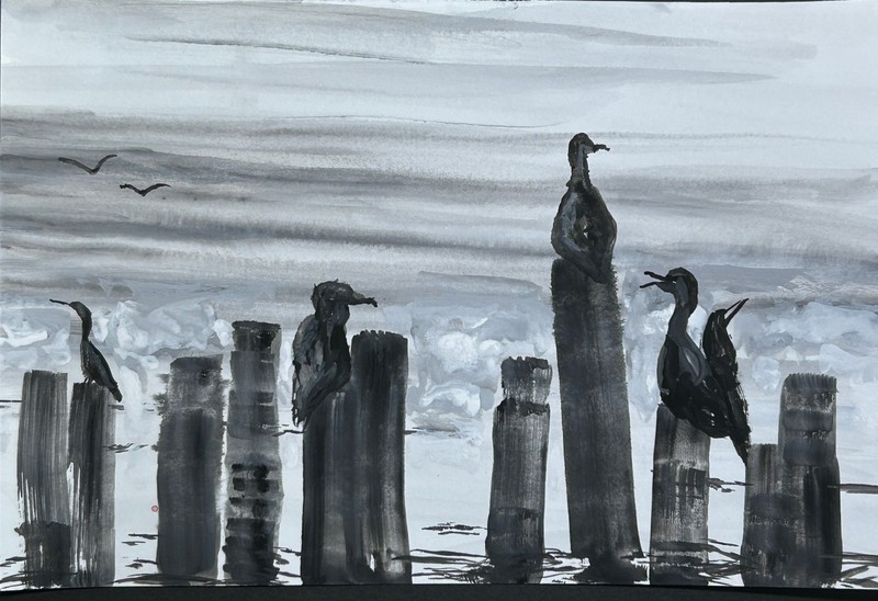 Gouache painting original by Tone Lane. «Hanging at the Dock 9×6 inches