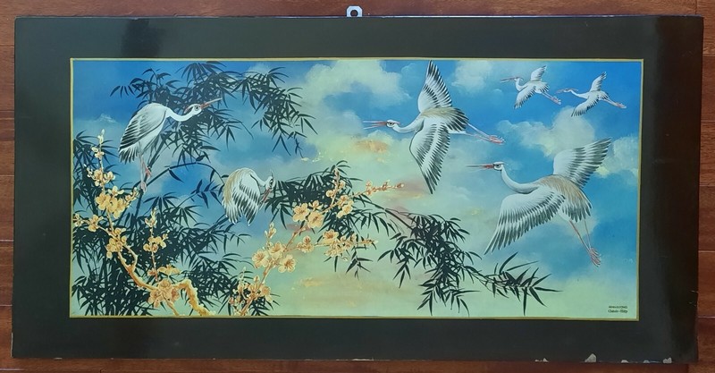 Vintage Asian Art Cranes Lotus Acrylic Painting on Plywood Vietnam 31 x 16 in