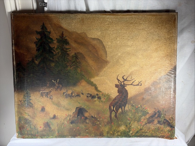 Beautiful MID-19TH CENTURY PAINTING of STAG & HERD Waiting for Oncoming Storm