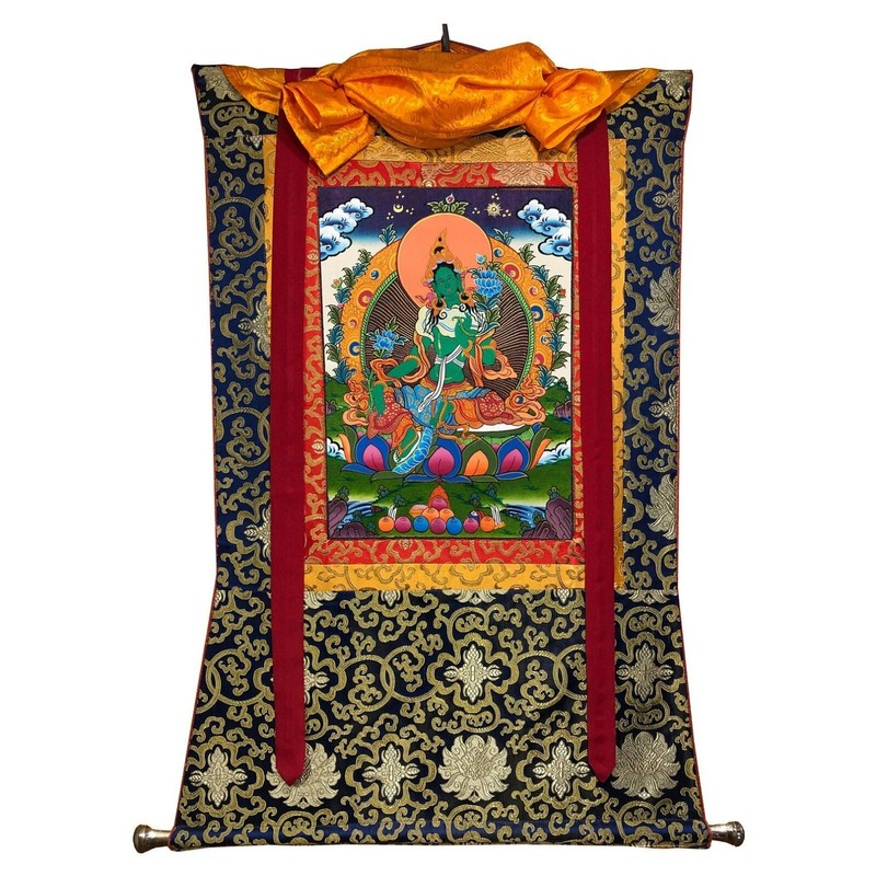 Silk Brocade Mounted Green Tara Thangka Painting, Tibetan Wall Decoration Art