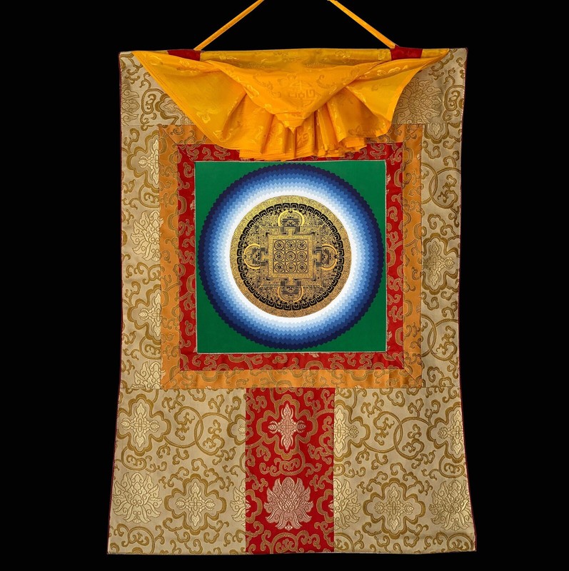 Silk Brocade Mounted Round Mandala Thangka, Genuine Hand Painted Tibetan thangka