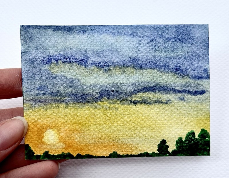 Golden Sunset Evening Sky Landscape Watercolor ACEO Original Art -Elbeeart
