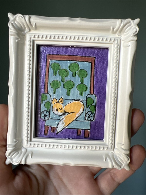 Fox cute,original,miniature Painting,small,mini,framed