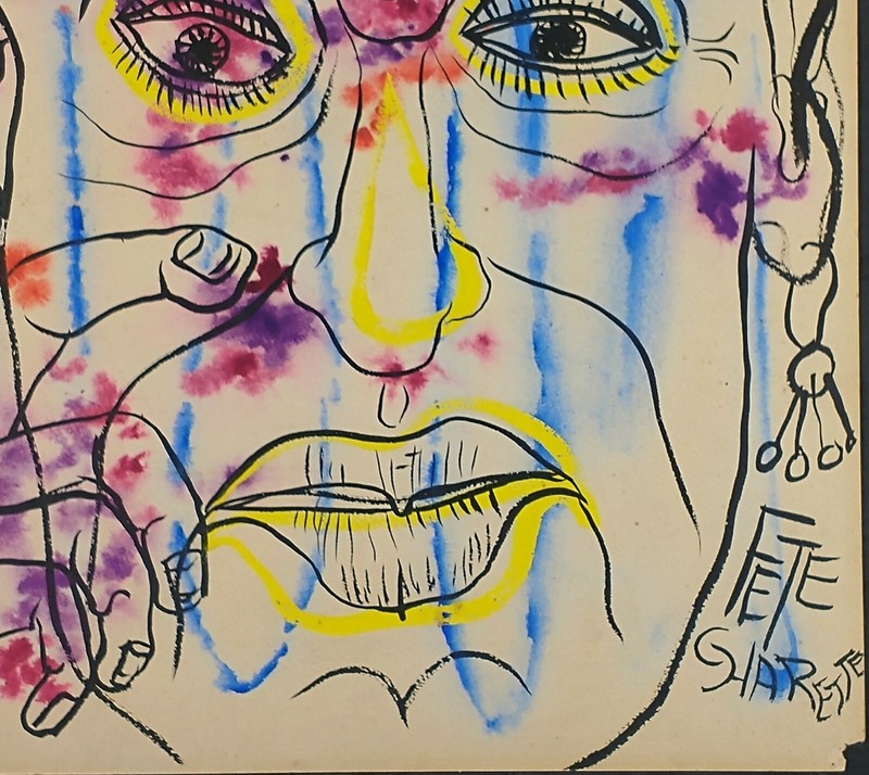Unsigned Ink and Gouache Watercolor Modernist Portrait Painting gallery