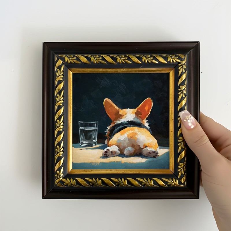 Cute Corgi Dog Painting on Brown Gold Mini Framed Hand Painted Animal Art 4×4