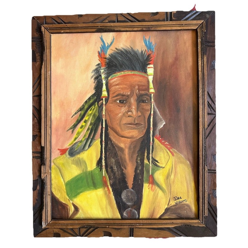 Vintage South West Native America Chief Signed Oil On Board Framed Painting