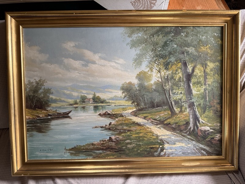Vintage Framed Untitled-Lake Scene View Oil Painting by E. Embler
