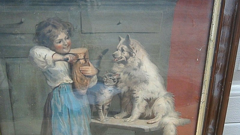 ANTIQUE 19c FRENCH LITHOGRAPH DEPICTS CHILD &DOG ,SIGNED «PARIS,1867»