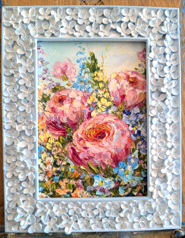FORGET-ME-NOT and ROSES ORIGINAL OIL impasto Painting 7″x 5″ by Olga Diduh.