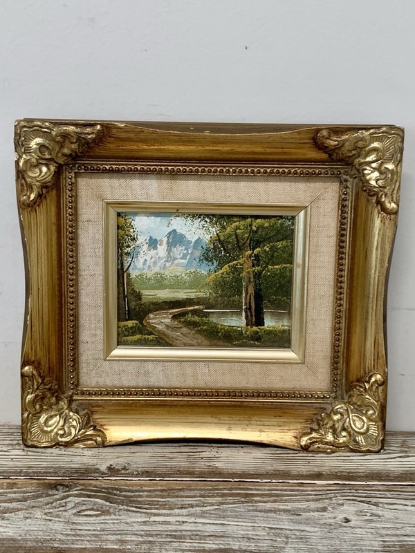VTG Mini Oil Painting Mountain/Road/Landscape Wood Gold Gilt Ornate Frame 9×8”