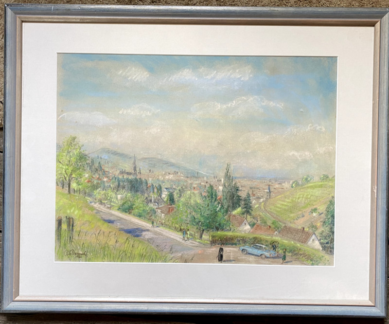 ::WATERCOLOUR/PASTEL SIGN.ALB. DEMMEL 1961 VILLAGE LANDSCAPE IN THE MOUNTAINS PEOPLE
