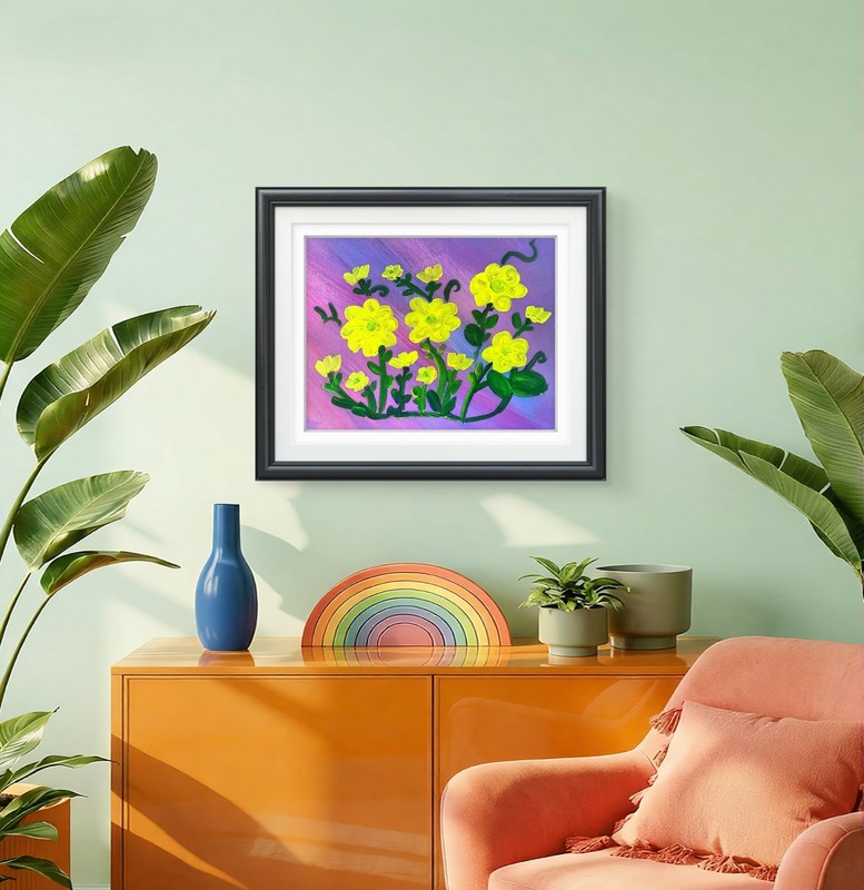 Yellow Floral Acrylic Painting Purple Flower Wall Art Original 11x14 gallery