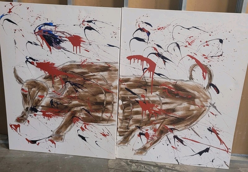 Jake Paul Original Signed Canvas Painting «Capitalism» Abstract 3’x4′ Bull Art