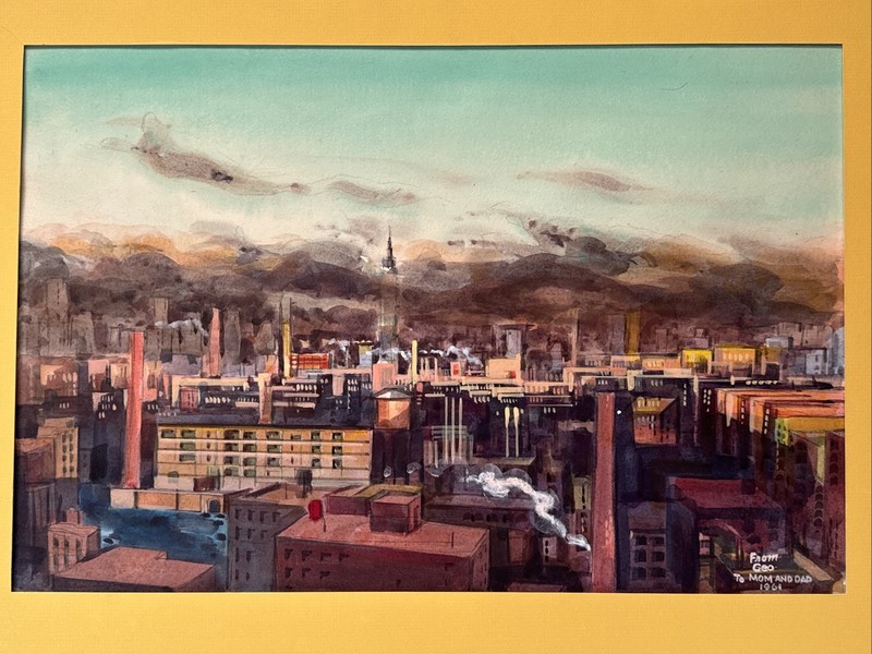 VINTAGE MANHATTAN NEW YORK PAINTING AMERICAN REGIONALISM ROOF TOP VIEW ERBEN