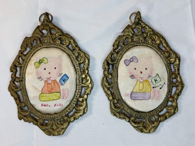 Vintage Hello Kitty Hand-Panted In Silk Fabric On Ornate Brass Frames
