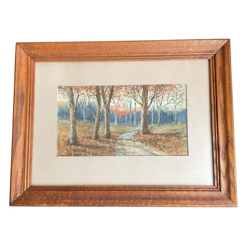 Original Landscape Country Road Watercolor Painting Art Framed Matted 16 x 12”