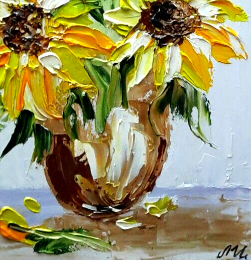 Original oil painting 6x8". Yellow flowers in a vase on the table. Handmade. gallery
