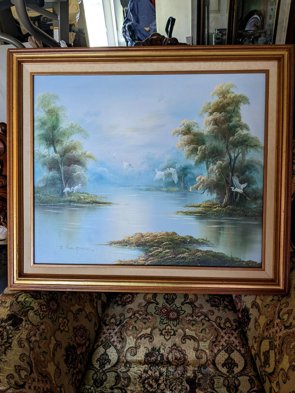ANTIQUE ORIGINAL OIL PAINTING ON CANVAS BIRD IN FLIGHT LANDSCAPE