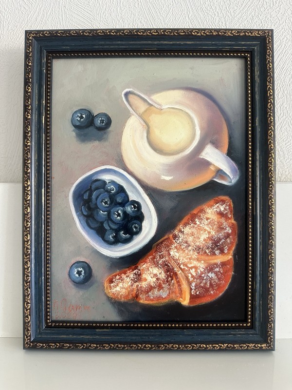 original oil painting Croissant Milk Blueberry 18х24см Still Life Framed Gift