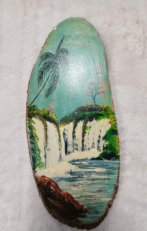Vintage Beautiful Retro Wood Oil Painting Tropical Waterfall Souvenir Art