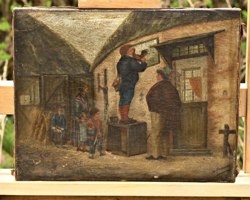 Unknown Painter Front Of House Genre Scene Oil Painting On Canvas Signed