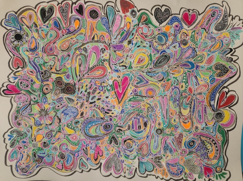 Heart Hub- Original Abstract Watercolor And Acrylic Painting With Ink Outlines