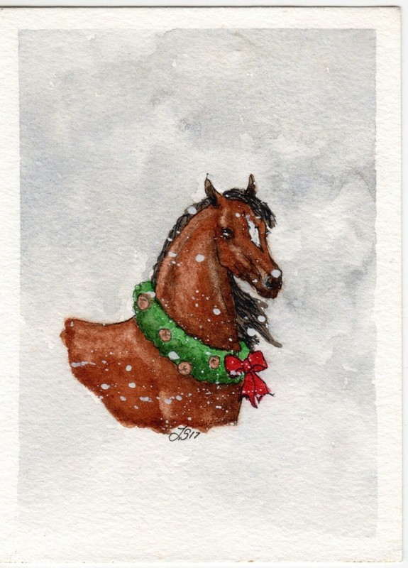 Christmas Horse Series with Wreath Original Watercolor Painting Buckskin Four