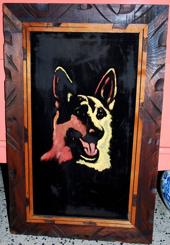 Vtg GERMAN SHEPHERD DOG Original BLACK VELVET OIL PAINTING Carved Wood Frame 25″