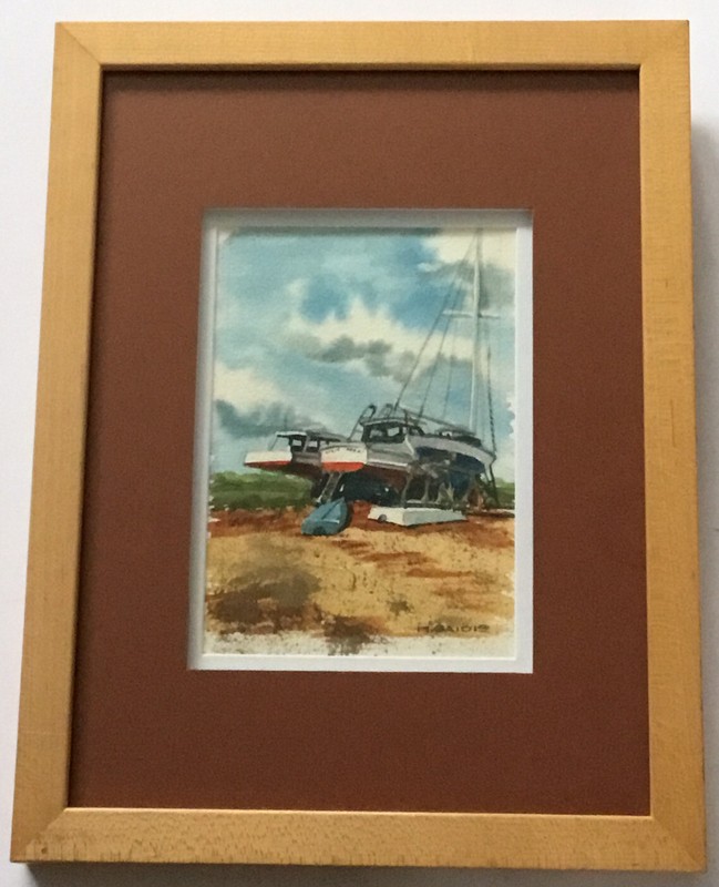 M. GAIDIS_Sailboat in a Boatyard_Original Watercolor_Framed_Signed LR_SHIPS FREE