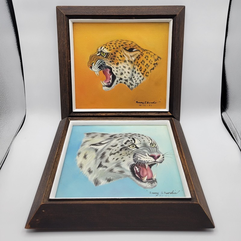 Vintage Leopard Paintings Pair Original Signed Mahogany Frames SAMMY S. BUENDIA
