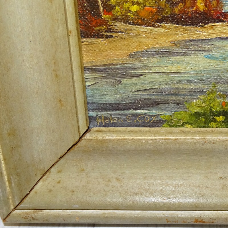 1953 Miniature Autumn Landscape Oil Painting O/B Stream Trees Signed Helen Cox gallery