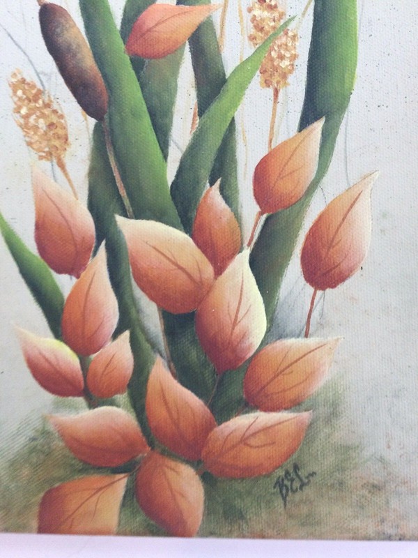 Cute Vintage Hand Painted Acrylic on Canvas Bird on Cattails 16 x 8" Signed gallery